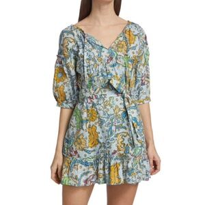 NWT $295 SUZIE KONDI Vari Batik Ruffle Mini Dress in Paradise Blue - size XS!